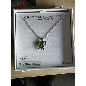 Crystal Romance Silver Plated Turtle Necklace w/ Green Crystal 18+2" NIB
